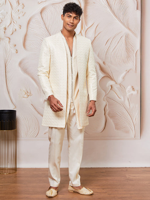 Men's Cream Silk Blend Indowestern, Kurta Pant Set